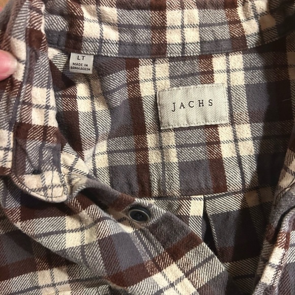 Large Tall JACHS flannel shirt, brown, grey, and cream, button down, warm, cozy - Picture 5 of 7